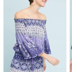 Anthropologie Raga Blue and White Off-Shoulder Romper L